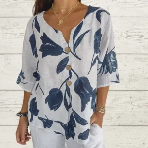 Women Blouse Flower Print Top V Neck Single Breasted Three Quarter Sleeves Female 2025 Autumn Shirt Office Lady Casual Blouses